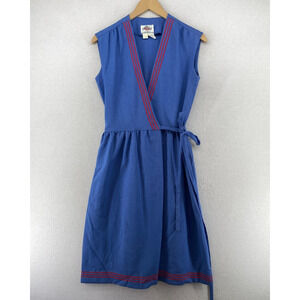 LANZ ORIGINALS Dress 9 10 Sleeveless A-Line Wrap Knee Length Tie Belted Blue VTG